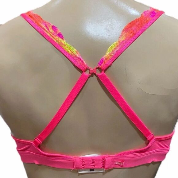Victoria’s Secret Pink Unlined Plunge Lace Bralette Bra Coral Multicolor Small - Picture 7 of 8